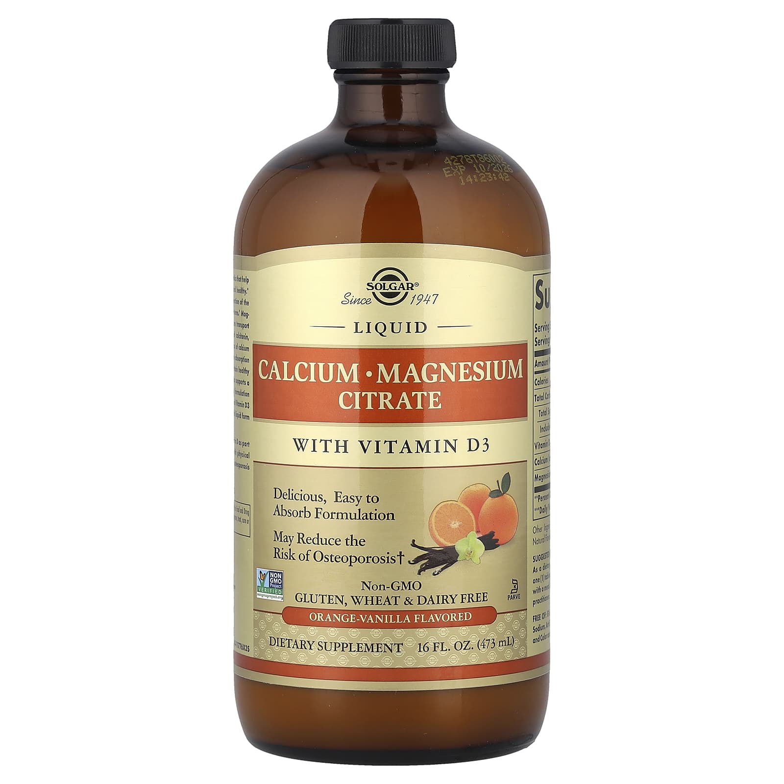 Solgar Liquid Calcium Magnesium Citrate with Vitamin D3 Natural Orange Vanilla Flavor 16 fl oz