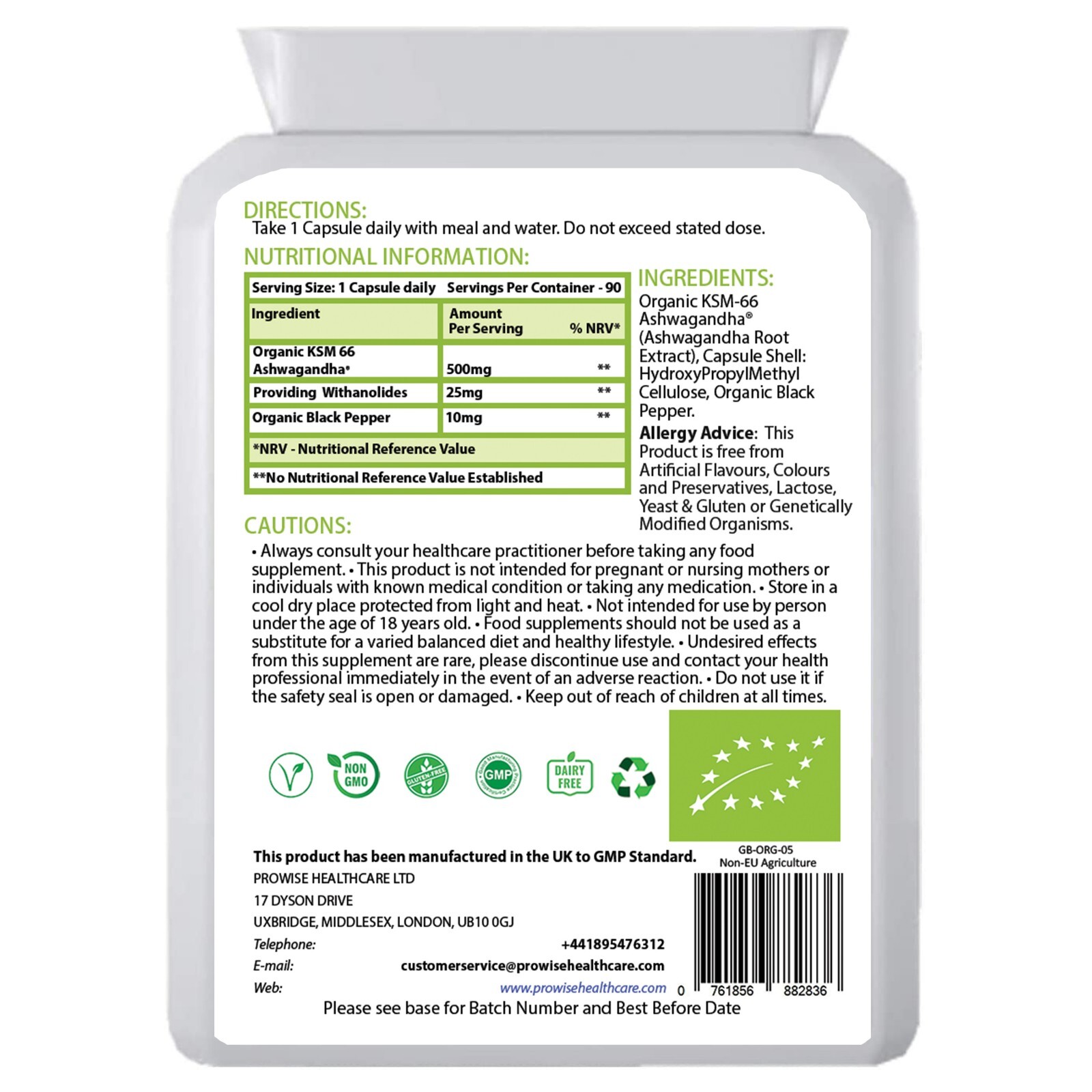 Organic KSM-66 Ashwagandha with Organic Black Pepper 500mg 90 Capsules - Prowise