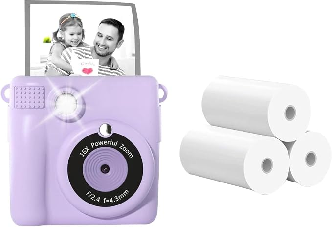 Kogan Kids Digital Instant Print Camera 1080P with 3 Rolls (Purple)