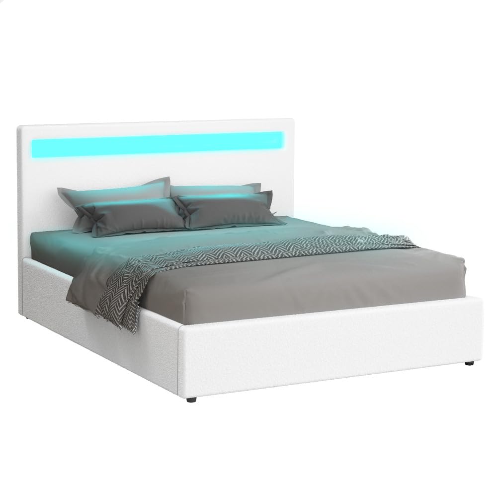 ALFORDSON Bed Frame Queen Size Platform RGB LED Gas Lift Base Storage White