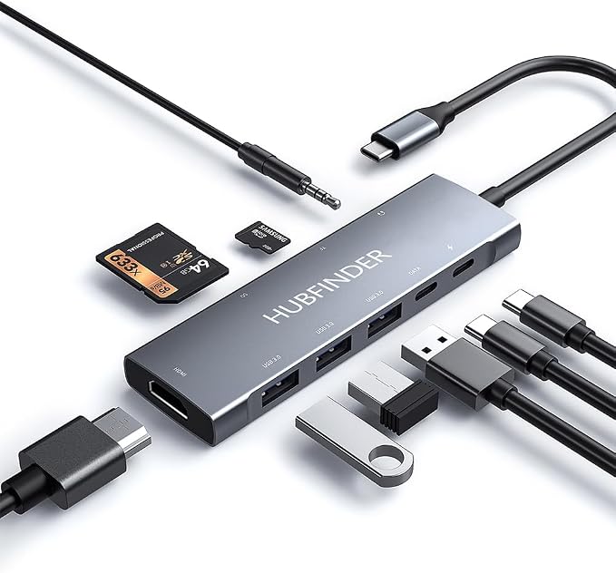USB C Hub, HUBFINDER 9 in 1 Multiport Adapter with 100W Power Delivery,4K HDMI Output,3 USB3.0 and USB-C 5 Gbps Data Ports,SD/TF Card Reader,3.5mm