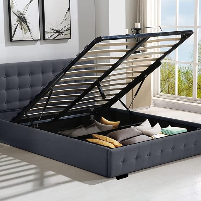 Levede Bed Frame Queen Size Mattress Platform Fabirc With Storage Gas Lift