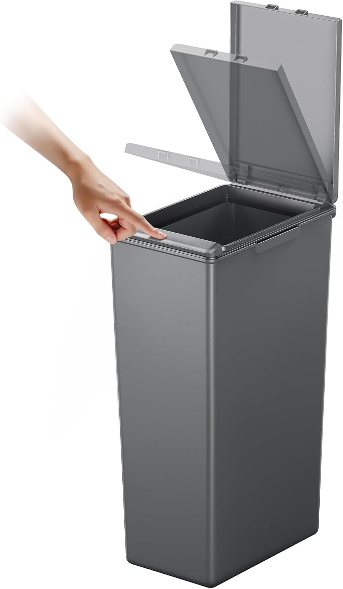 EKO Morandi 30L Kitchen Recycling Bin with Touch Top Lid, Slim Plastic Trash Can with Recycling Stickers and Easy Clean Surface, Compact Design for 