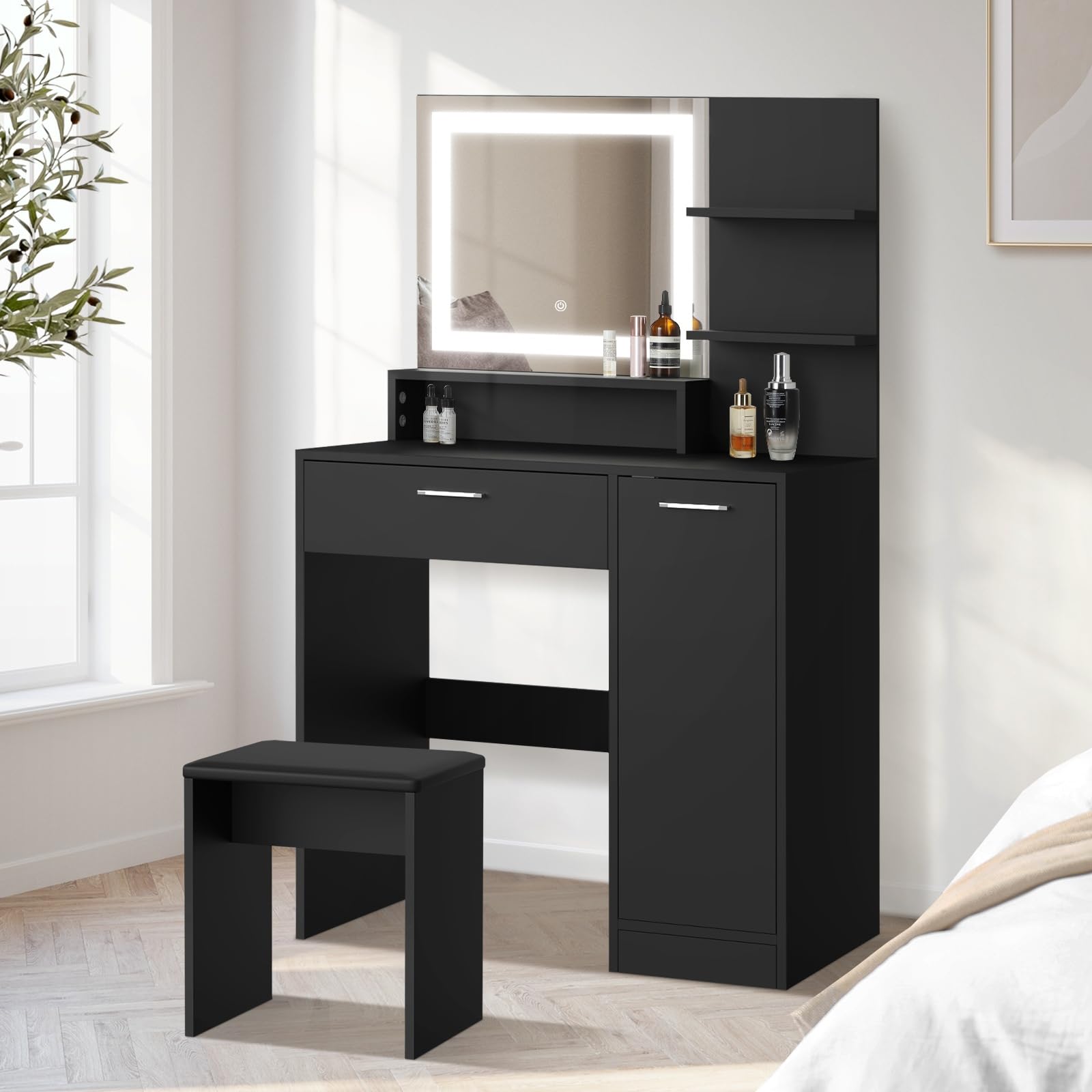 Oikiture Dressing Table Stool Set Makeup Mirror LED Light Storage Cabinet Black