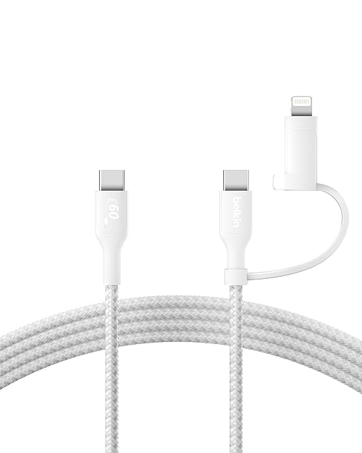Belkin BoostCharge Pro 2-in-1 Cable with USB-C and Lightning Connector - White