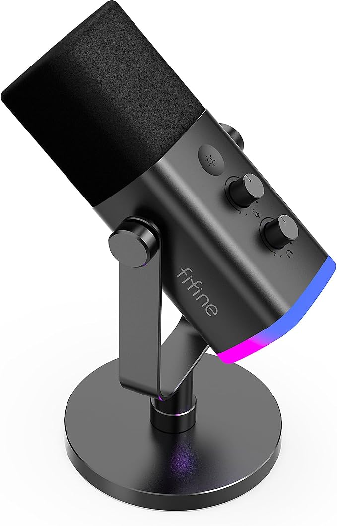 Fifine XLR/USB Dynamic Microphone For Podcast Recording, PC Computer Gaming Streaming Mic With RGB Light, Mute Button, Headphones Jack, Desktop