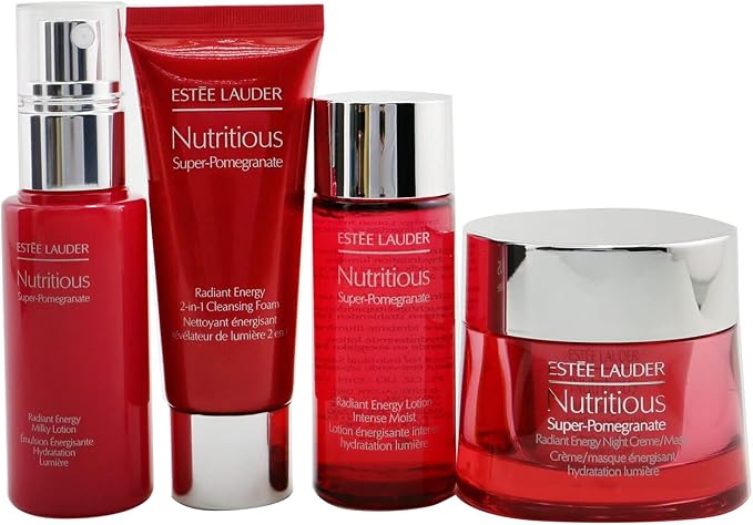 Estee Lauder Nutritious Super-Pomegranate Nourish All Night Set: Night Creme+ Milky Lotion+ Lotion Intense Moist+ Cleansing Form. 4pcs+2bags
