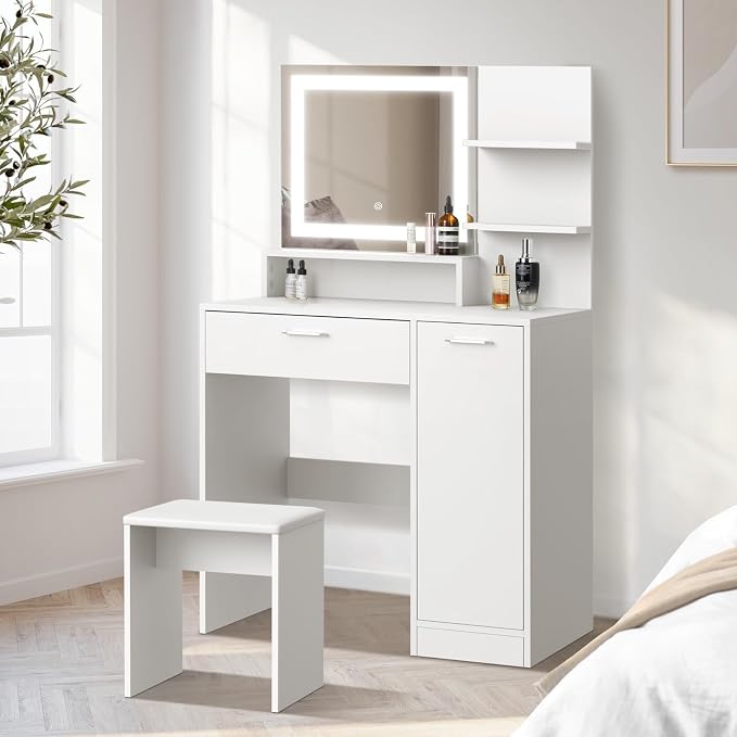 Oikiture Dressing Table Stool Set Makeup Mirror LED Light Large Cabinet White