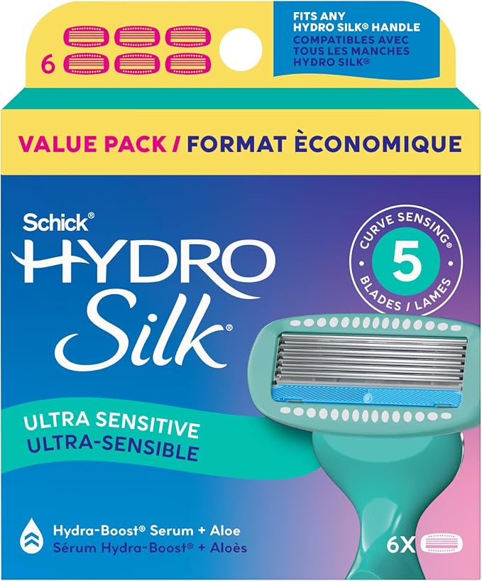 Schick Hydro Silk Sensitive Care Hang-In Shower Razor Blade Refills for Women, 6 Count (W300791500)