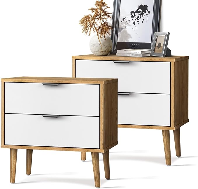 Oikiture Bedside Tables 2 Drawers Side Table Nightstand Storage Cabinet Wood