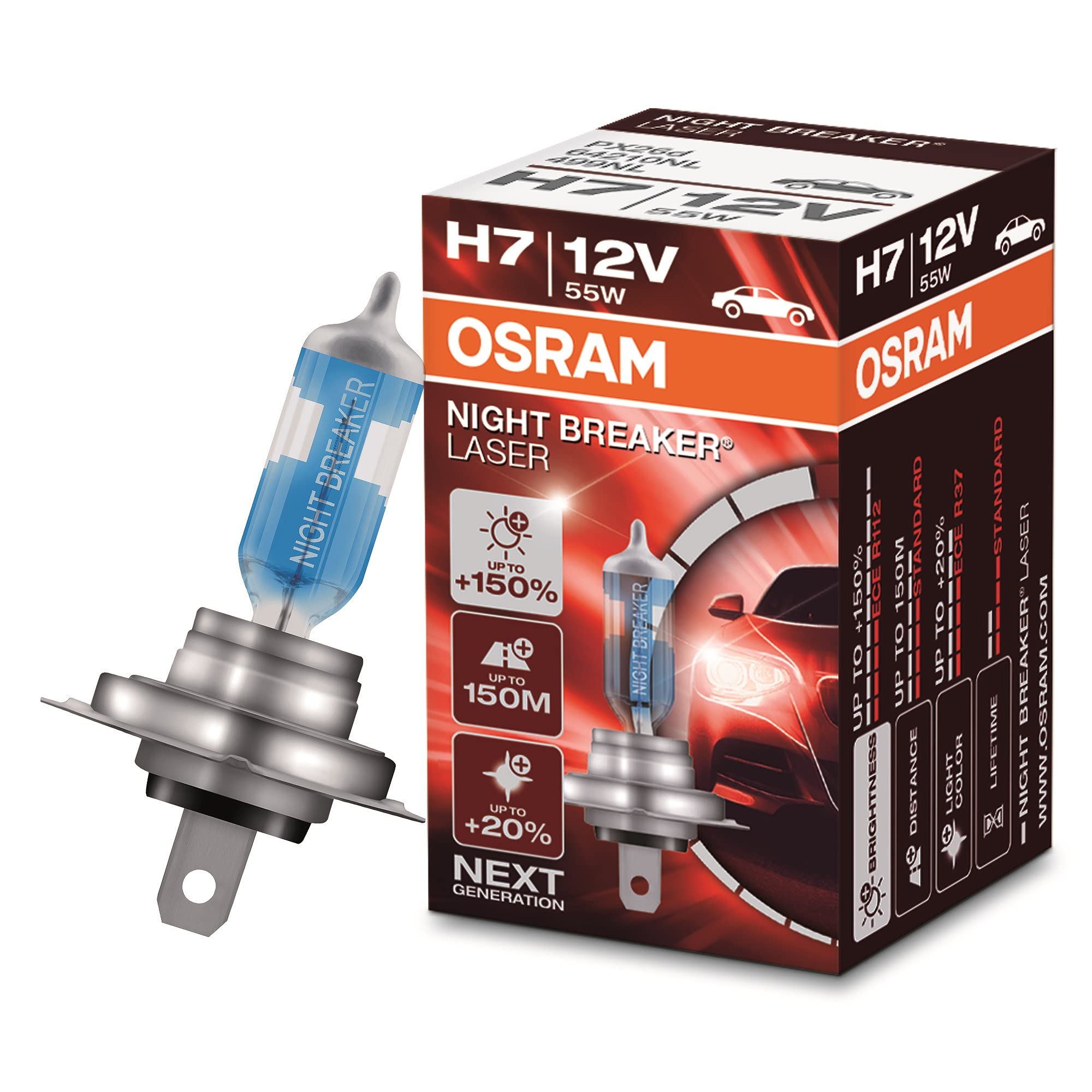 Osram 64210NL Night Breaker Laser H7, Next Generation, 150% More Brightness, Halogen Headlamp, 12V, Passenger Car, Folding Box, Set of 1