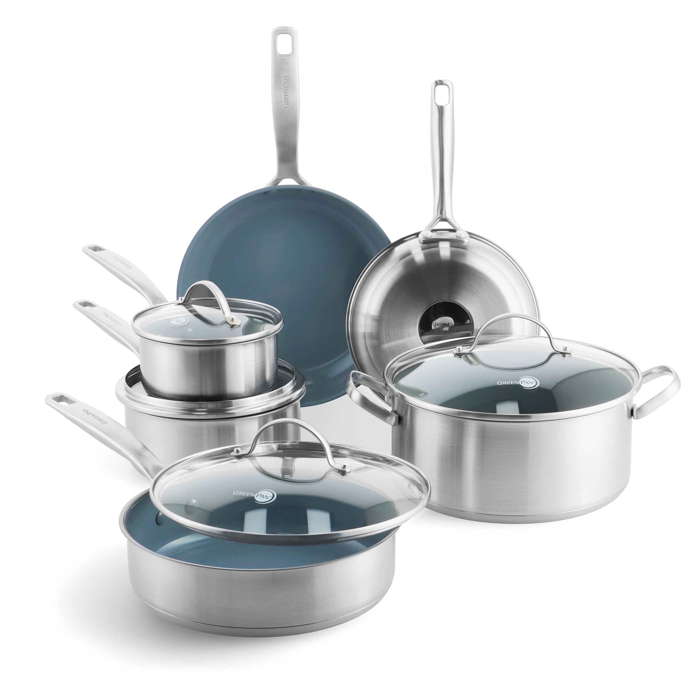 GreenPan Treviso Stainless Steel Healthy Ceramic Nonstick, 10 Piece Cookware Pots and Pans Set, PFAS-Free, Clad, Induction, Dishwasher Safe, Silver