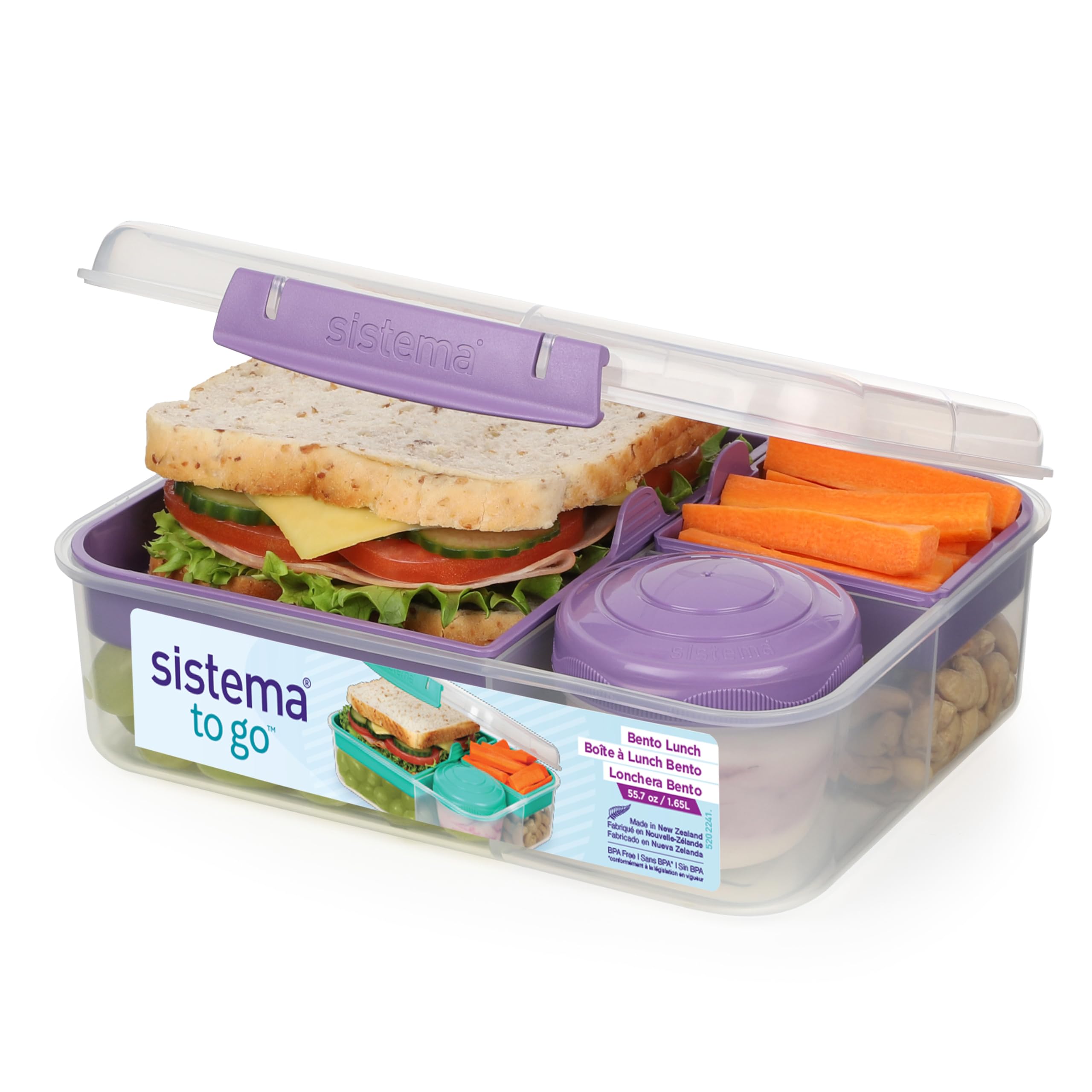 Sistema Bento Box To Go Lunch Box With Yoghurt/Fruit Container, 1.65 L, BPA-Free, Misty Purple