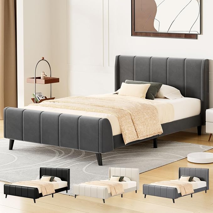 ALFORDSON Bed Frame Queen Size Tufted Headboard Base Beige Fabric HUNDOLF