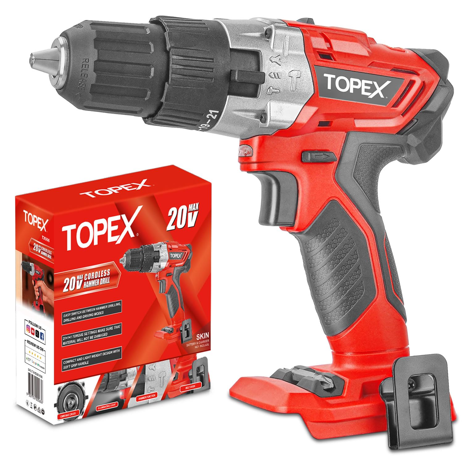 TOPEX Cordless Drill Driver Impact Hammer Drill (Skin)