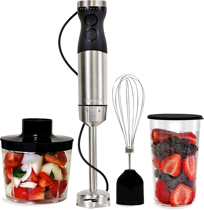 Kenmore Immersion Blender, Variable Speed Hand Blender, Stick Blender, 700ml Beaker and Lid, Quad Blade (Black/Silver)