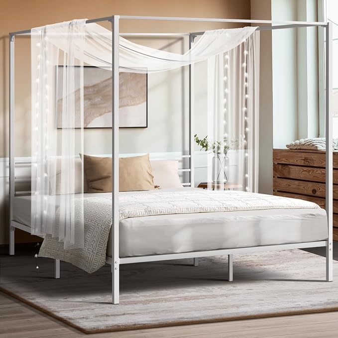 Oikiture Metal Canopy Bed Frame Single Size Beds Platform White