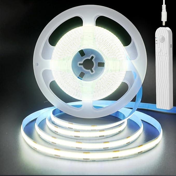 Clearhill 5V PIR Movement Sensor Dimmable USB Rechargeable COB LED Strip Lights,Built-in 1500mAh Battery,Three Modes,9.84FT/3M,Cool White 6500K