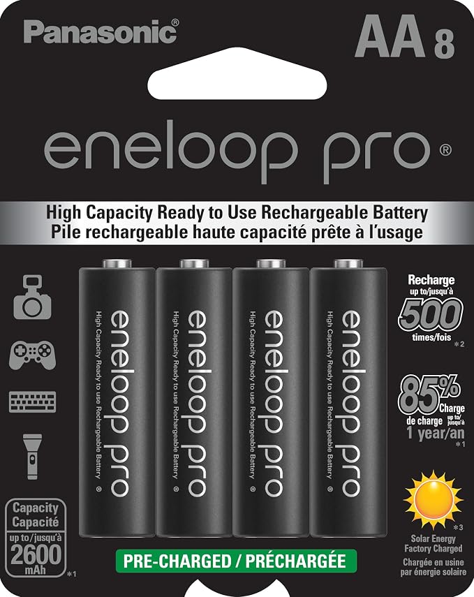Panasonic BK-3HCCA8BA Eneloop Pro AA High Capacity Ni-MH Pre-Charged Rechargeable Batteries, 8 Pack