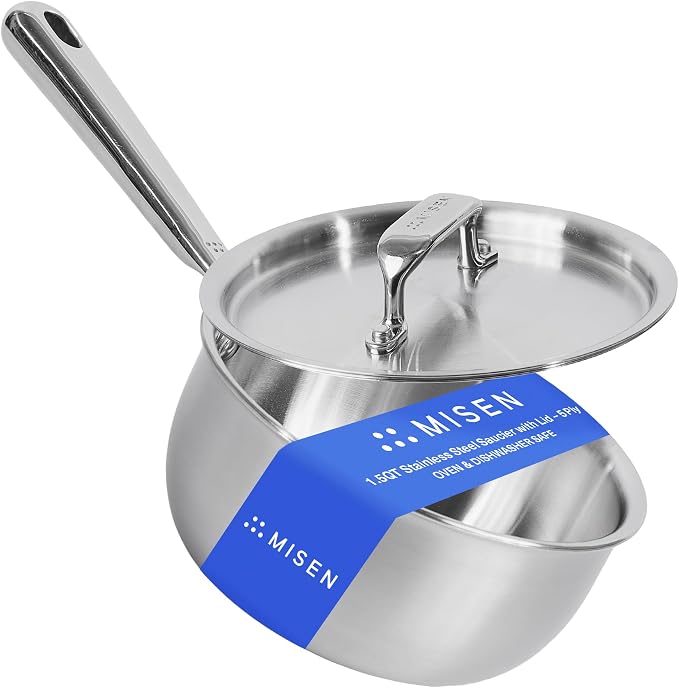 Misen 2 Qt Stainless Steel Saucier Pan with Lid - 5-Ply Steel Sauce Pan