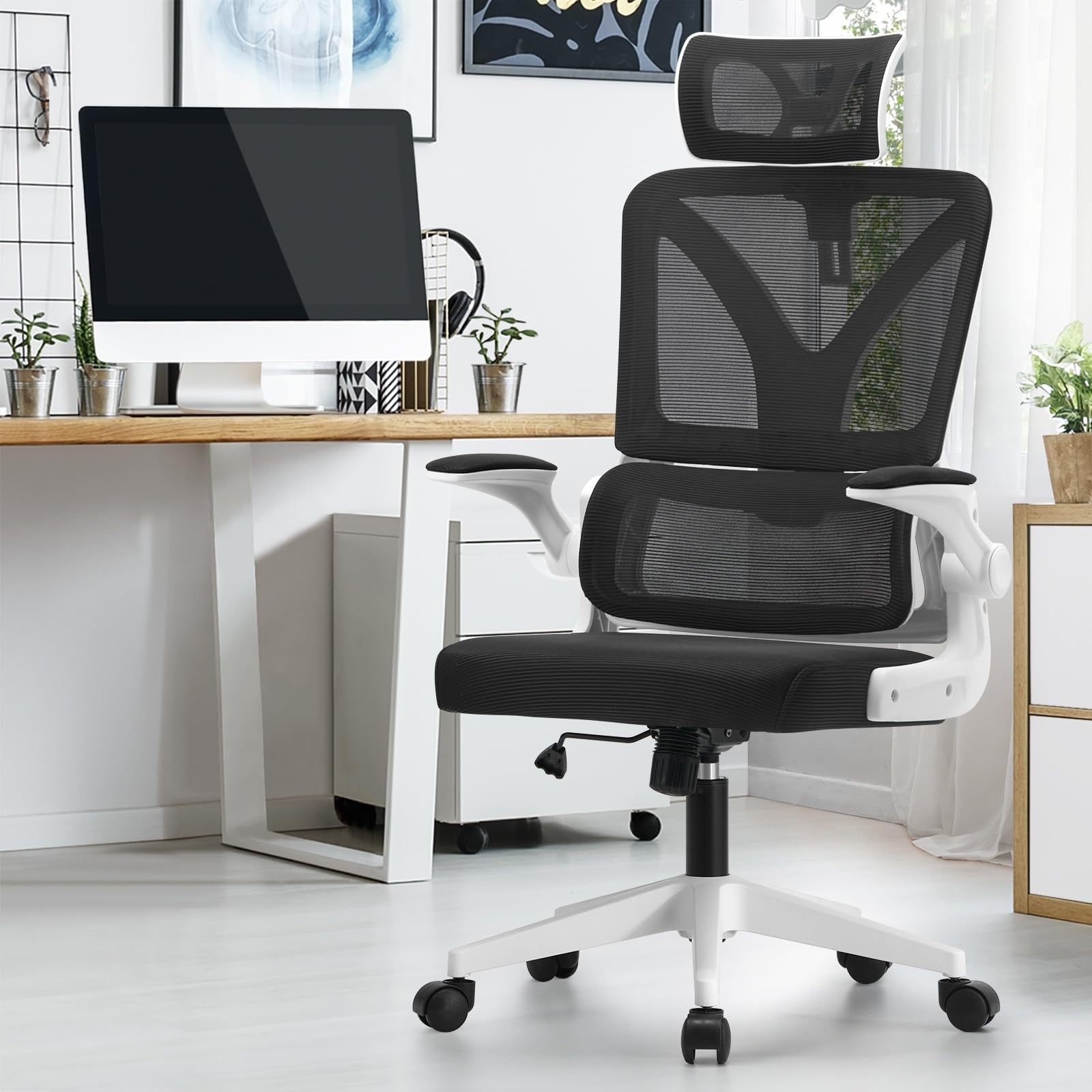 Oikiture Mesh Office Chair Adjustable Lumbar Support Reclining D-shape White&Black - AfterPay & zipPay Available