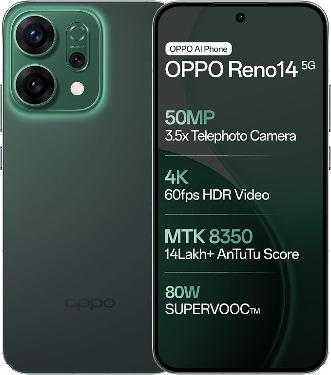 OPPO Reno14 5G (Forest Green, 8GB RAM, 256GB Storage) with No Cost EMI/Additional Exchange Offers