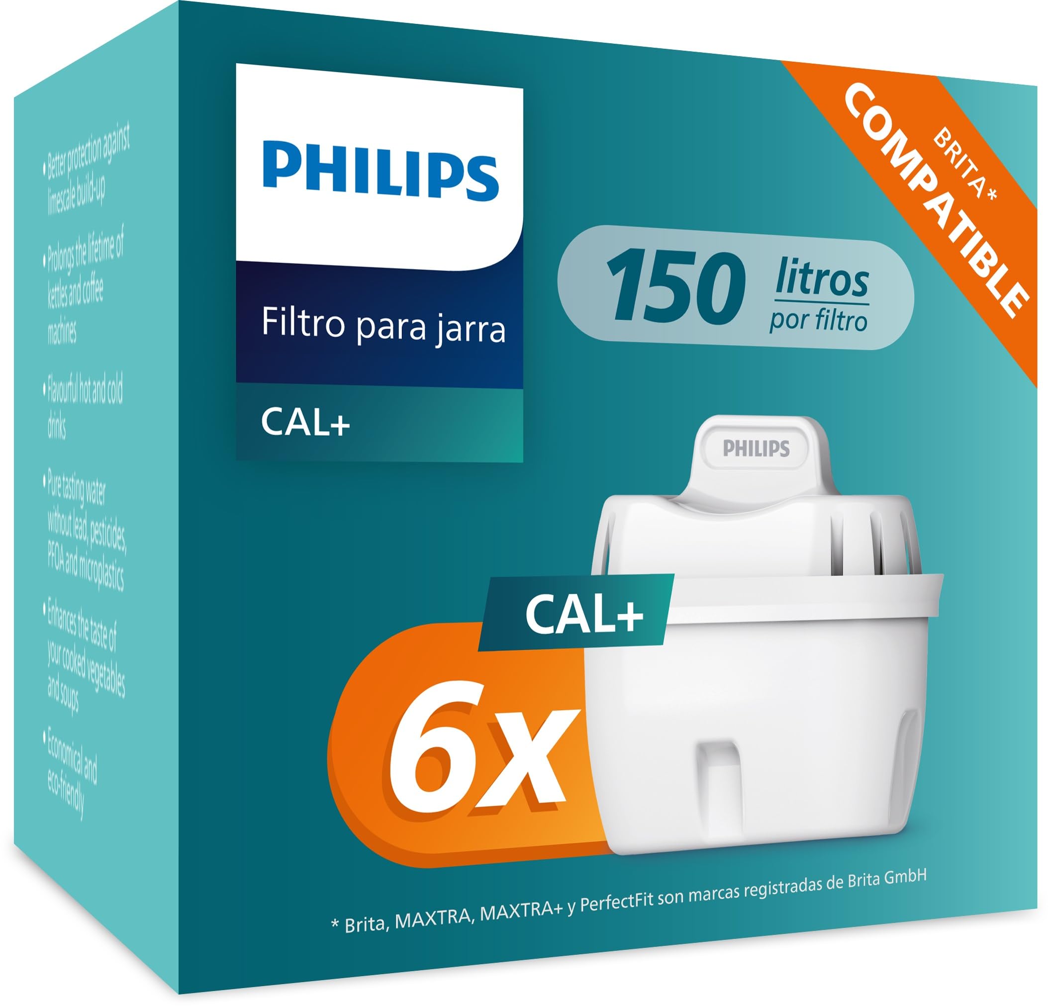 Philips Water Replacement Filter Cartridges Softening+, 6-Pack, Brita Compatible, UP to 50% More Water-Hardness Reduction, AWP230P6/31