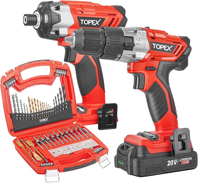 TOPEX 20V Cordless Hammer Drill Impact Driver Power Tool Combo Kit w/ Drill Bits