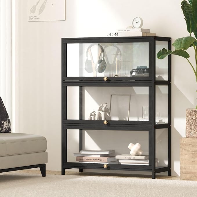 Oikiture Display Cabinet Storage 3-Tier Shelves Black