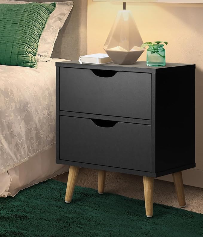 Oikiture Bedside Tables 2 Drawers Side Table Black