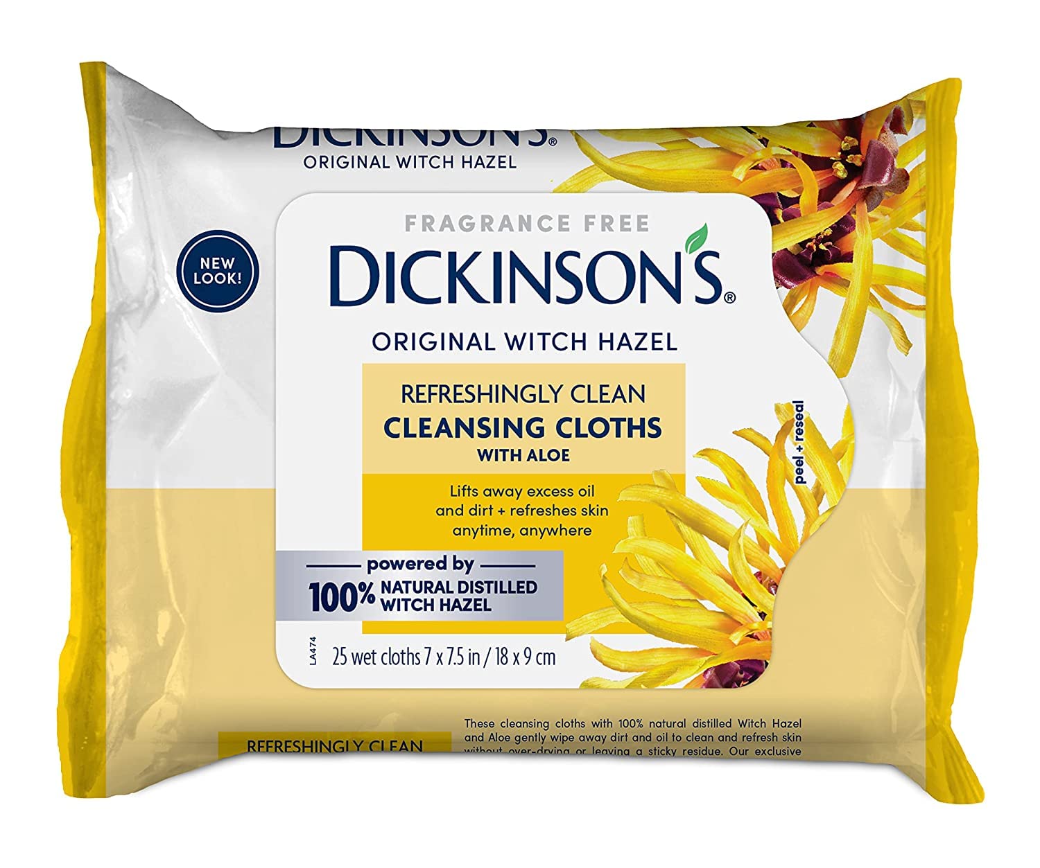 Dickinson's Cleansing Cloths, Fragrance Free, Original Witch Hazel, Refreshingly Clean - 25 wet cloths