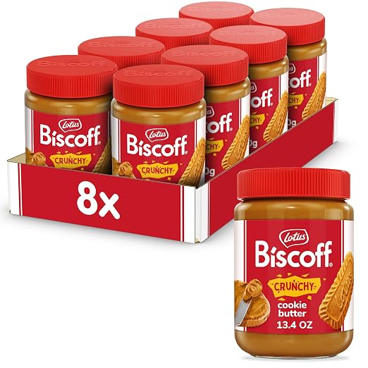 Lotus Biscoff, Crunchy Cookie Butter Spread, Non GMO + Vegan, 13.4 Oz Jar (Pack of 8)