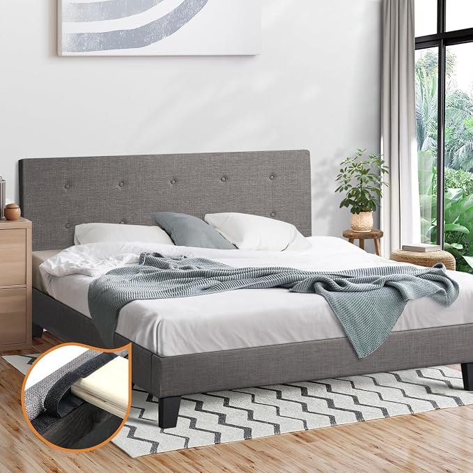 Oikiture Bed Frame King Single Bed Platform Wooden Fabric Grey