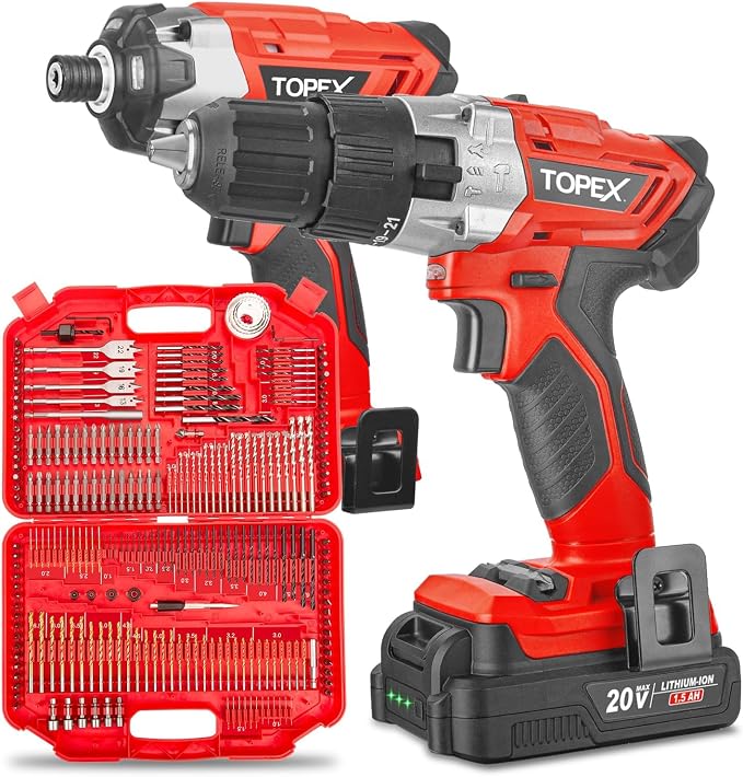 TOPEX 20V Cordless Hammer Drill Impact Driver Power Tool Combo Kit w/ Drill Bits