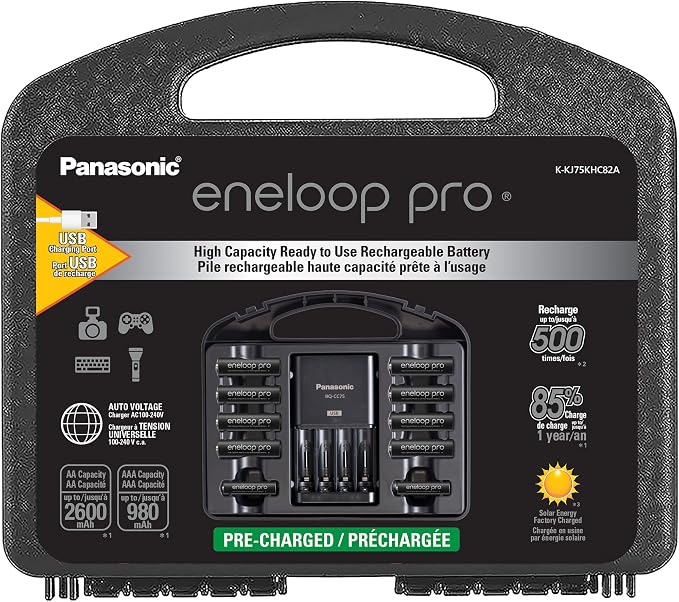 eneloop Panasonic K-KJ75KHC82A eneloop pro High Capacity Rechargeable Batteries Power Pack 8AA, 2AAA, Advanced Battery Charger with USB Charging Port 