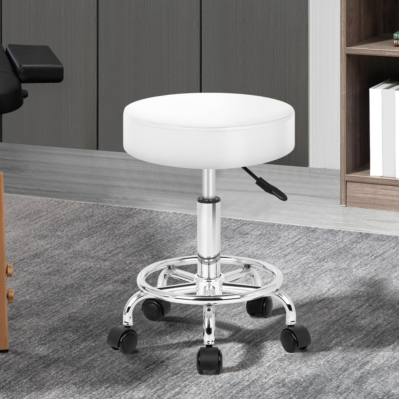 ALFORDSON Salon Stool Kori Round Swivel Drafting Rolling Stools in 51.5-68.5cm Height Adjustable PU Leather Spa Stool with Footrest Wheels Backless 