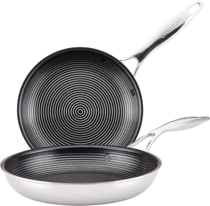Circulon Clad Stainless Steel Frying Pans/Skillet Set with Hybrid Steelshield and Nonstick Technology, 10 Inch and 8.5 Inch, Silver