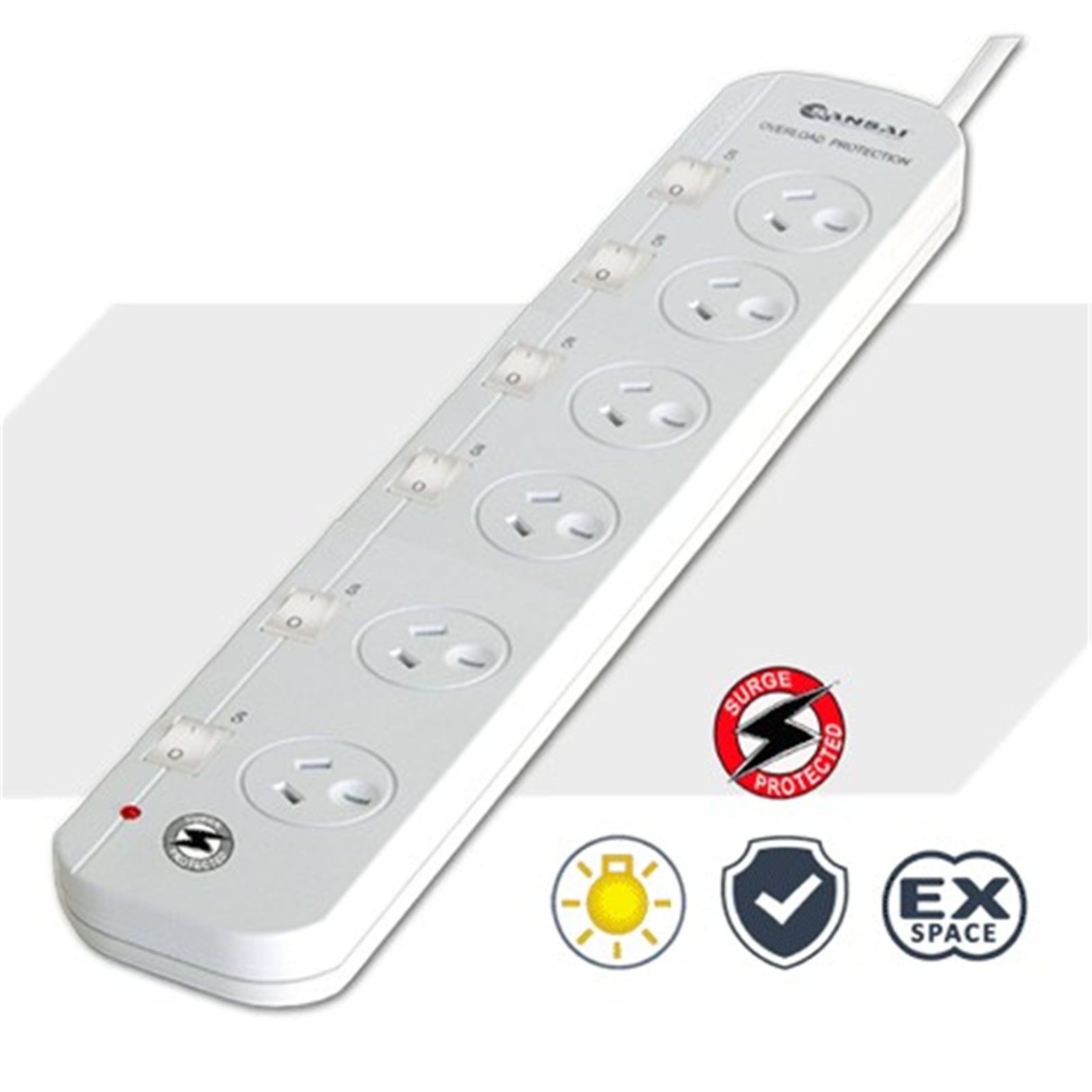 Sansai 6-Way Power Board (661SW) with Individual Switches and Surge